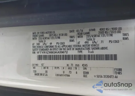 2016 Ford Transit-250 z USA, uszkodzony, nr VIN 1FTYR1ZM8GKA59672